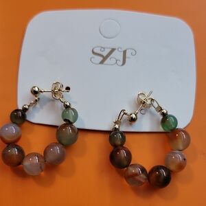 Gold and Brown Beaded Hoop Earrings